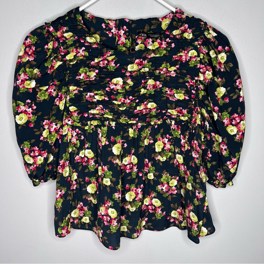 ZARA‎ GREEN MULTI COLOR Floral Print Shirt short sleeve Buttons D9